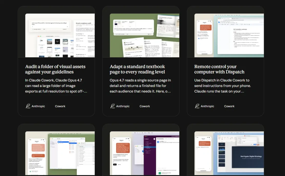 A grid of six technology-related cards, each featuring a headline, brief description, and corresponding image. The cards highlight features like auditing visual assets, adapting textbook pages, and remote computer control. The layout is organized and modern, with a professional tone.