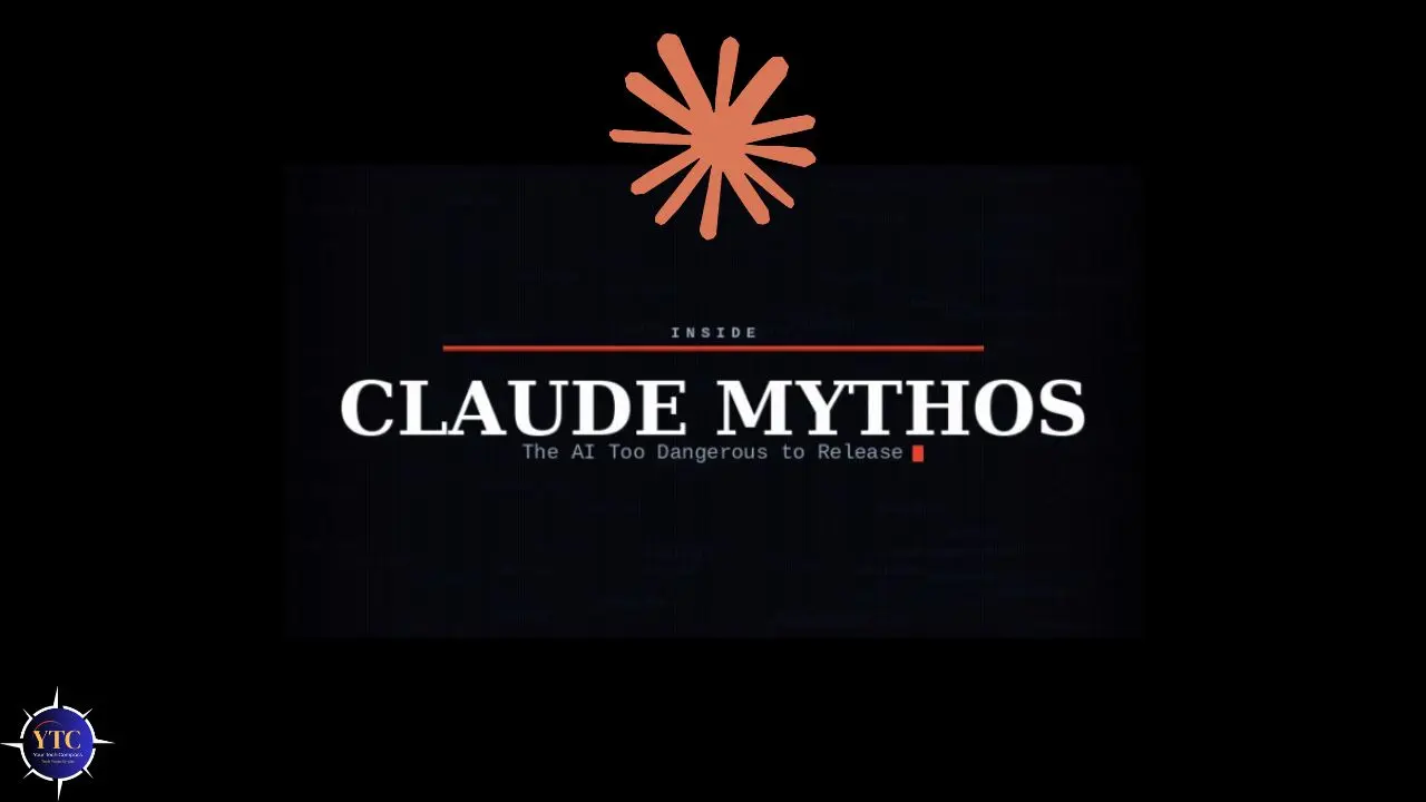 Black background with bold white text reading "Inside Claude Mythos: The AI Too Dangerous to Release." An orange burst icon is above the text. A logo with blue and white elements is in the bottom left corner.