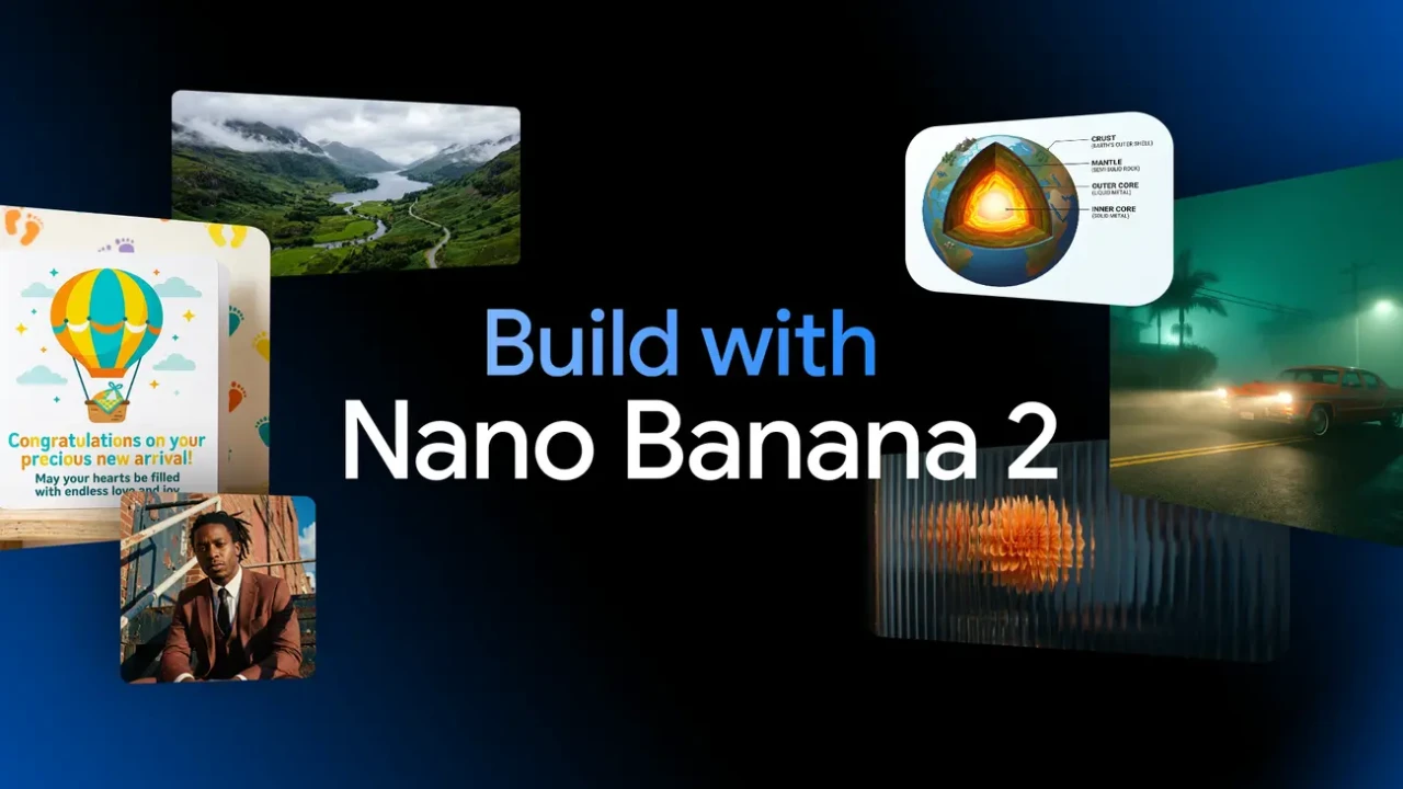 A digital collage features the text "Build with Nano Banana 2" surrounded by diverse images, including landscapes, a car at night, and a colorful balloon graphic.