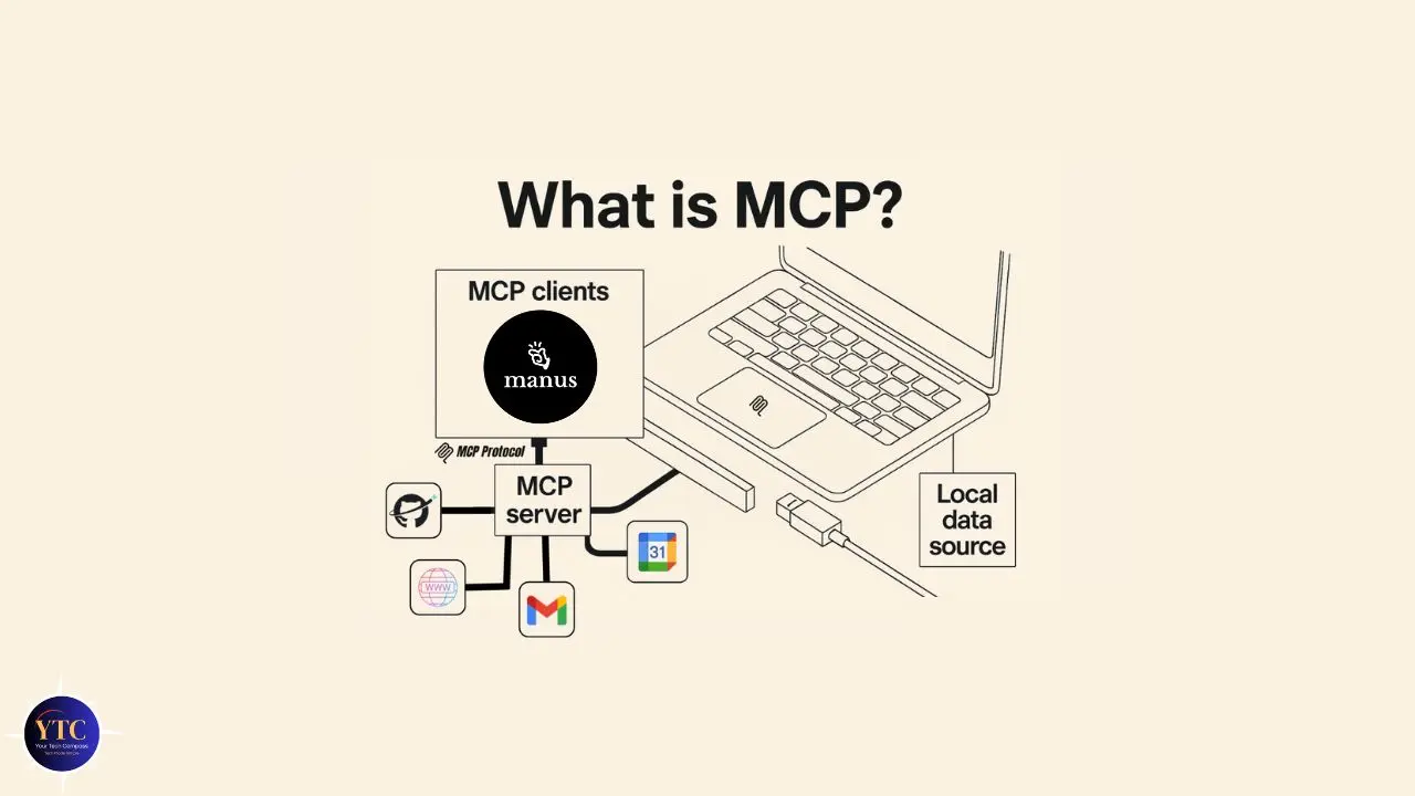Diagram titled "What is MCP?" shows a laptop connected to an MCP server. It links MCP clients and a local data source, illustrating data flow.