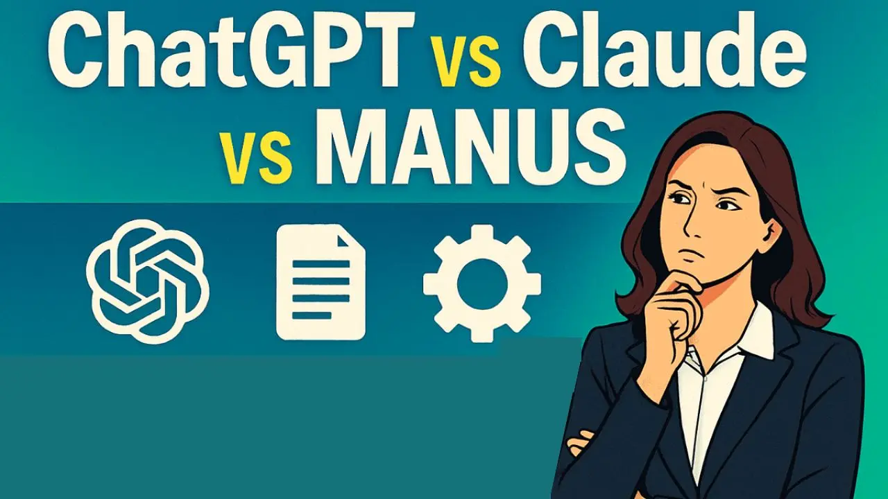 Illustration depicting a thoughtful woman in a suit beside icons for ChatGPT, Claude, and Manus, suggesting a comparison of AI tools.