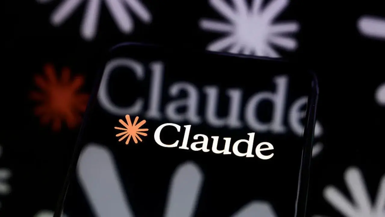 The word 'Claude' is displayed in white on a black background with an orange asterisk symbol. Blurred asterisk symbols and the word 'Claude' appear in the background, creating a modern and tech-oriented atmosphere.