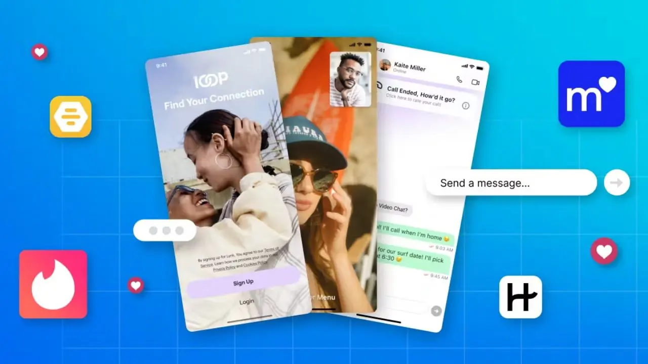 A collage of three smartphone screens displaying dating apps, set against a blue background with various dating app logos and heart icons floating around.