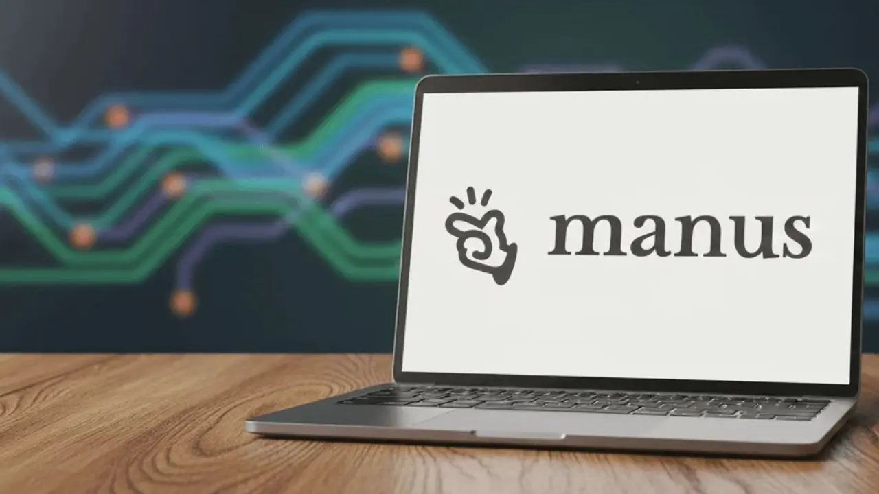 Laptop on a wooden table displays the "manus" logo with a hand icon. Background features colorful circuit patterns, suggesting technology focus.