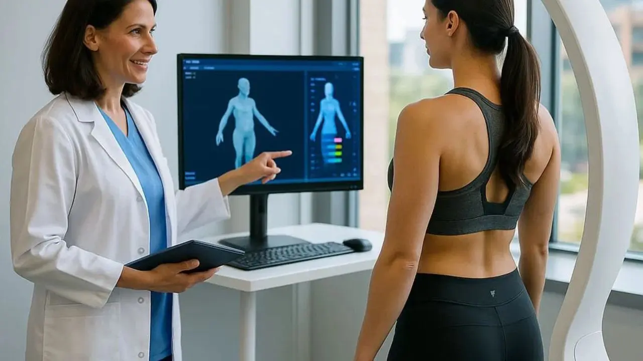 A doctor smilingly points at a body scan displayed on a monitor, discussing results with a woman in exercise clothing, conveying a supportive, professional tone.