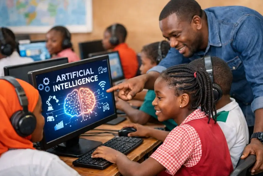 A teacher enthusiastically instructs a young girl on a computer displaying "Artificial Intelligence." Engaged students wear headphones in a classroom.