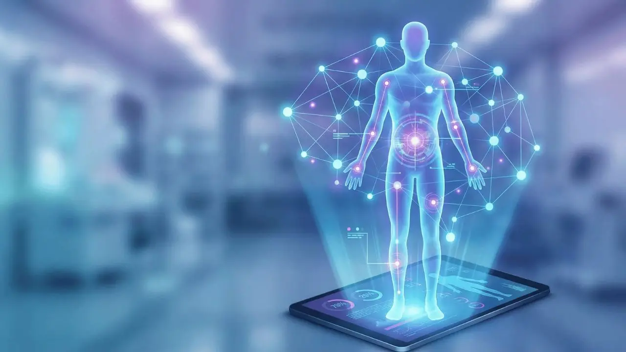 A glowing digital human figure emerges from a tablet, surrounded by a network of connected nodes, symbolizing advanced technology and healthcare.