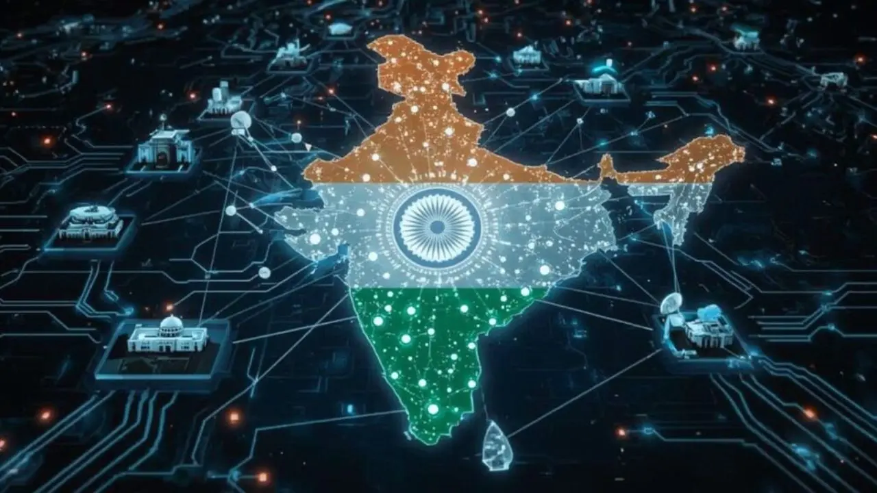 Map of India depicted as a digital network, colored with the national flag. Lines connect landmarks, symbolizing connectivity and technological growth.