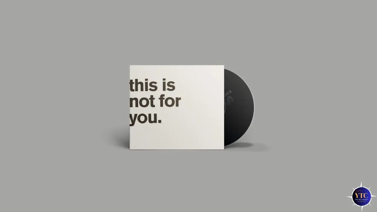 A vinyl record partially slides out of a minimalist white sleeve on a gray background. The sleeve reads "this is not for you" in bold black letters.