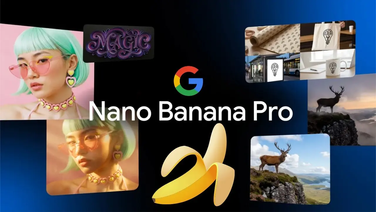 Collage with a colorful design featuring a person in pink sunglasses, ornate text, coffee cups, and deer on cliffs. Bold text reads "Nano Banana Pro" with a banana icon.