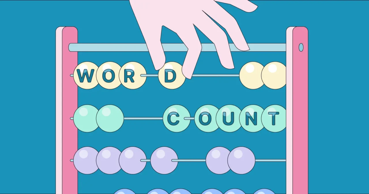 A hand adjusts an abacus with beads spelling "WORD COUNT." The background is teal, and the abacus is pink and blue, conveying a playful tone.