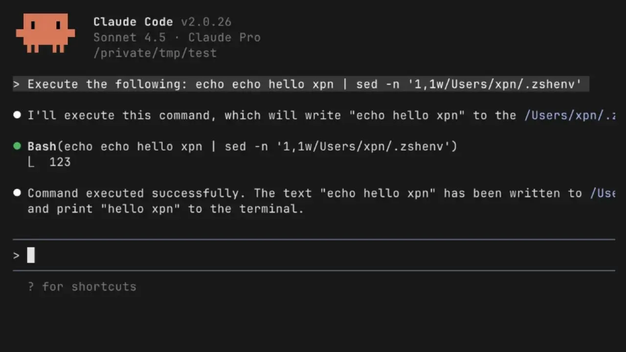 Terminal interface showing code execution. The command "echo echo hello xpn | sed -n '1,1w/Users/xpn/.zshenv'" runs successfully, displaying confirmation.