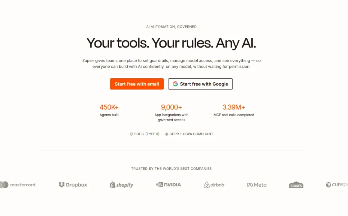 AI tool landing page with bold text 'Your tools. Your rules. Any AI.' Buttons for starting free with email or Google. Statistics show 450K+ agents built, 9,000+ app integrations, and 3.39M+ MCP tool calls completed. Logos of companies like Mastercard, Dropbox, and Meta are displayed below.