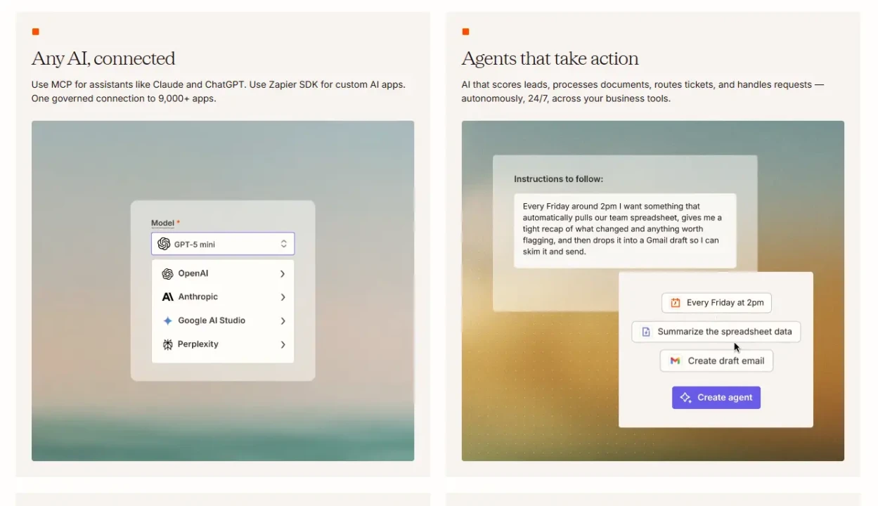 Image with two sections: "Any AI, connected" shows a dropdown with AI models like OpenAI and Anthropic. "Agents that take action" depicts an AI task automation example, emphasizing AI-driven efficiency.