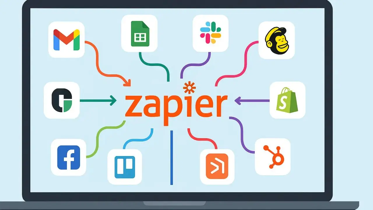 Laptop screen displaying Zapier logo at center with colorful lines connecting to various app icons, symbolizing integration and automation.