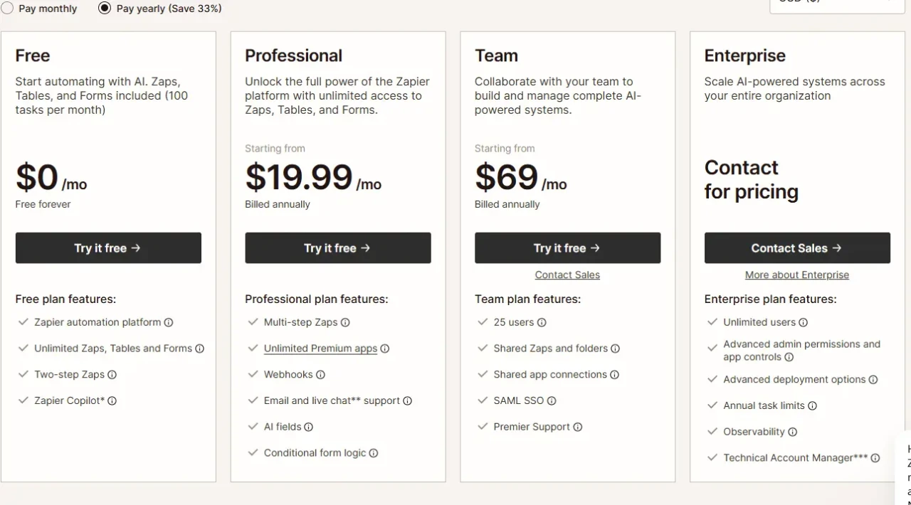 Pricing plans comparison chart for a software service, showing options: Free, Professional ($19.99/mo), Team ($69/mo), and Enterprise (Contact for pricing). Features differ by plan.