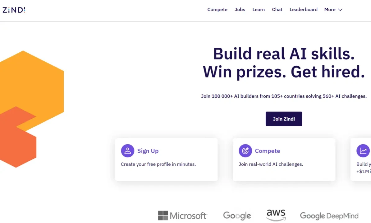 Zindi webpage with a hexagonal design on the left and the slogan 'Build real AI skills. Win prizes. Get hired.' Prominent buttons for 'Join Zindi,' 'Sign Up,' and 'Compete.' Logos of Microsoft, Google, AWS, and Google DeepMind at the bottom, reflecting collaboration or sponsorship.