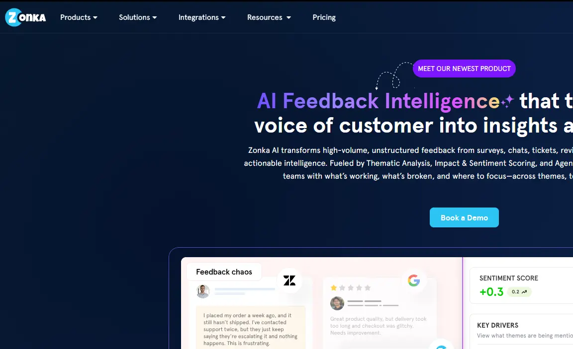 Website homepage for Zonka AI, featuring a dark-themed design with the headline 'AI Feedback Intelligence.' Includes navigation menu and 'Book a Demo' button.