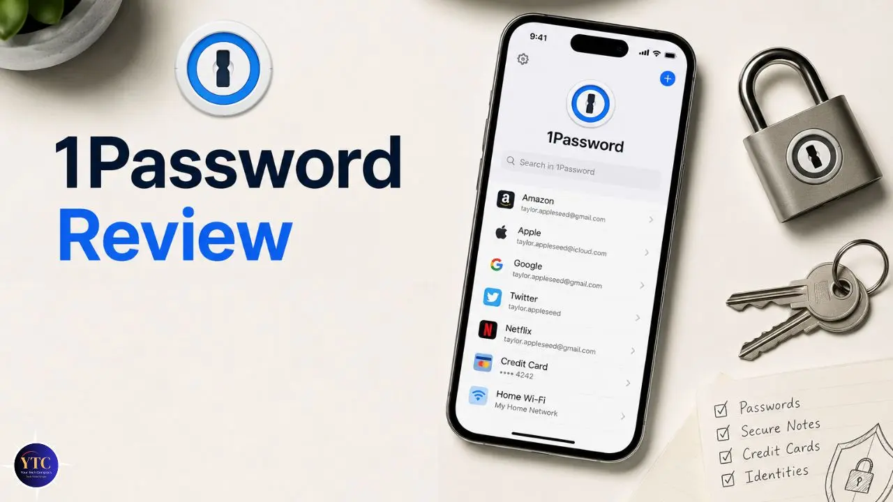 Image featuring a smartphone displaying the 1Password app interface, with account listings like Amazon and Google. Adjacent are a lock, keys, and a checklist. Text reads '1Password Review,' suggesting security and organization themes.