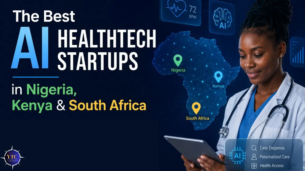 Image promoting AI healthtech startups in Nigeria, Kenya, and South Africa. Features a smiling healthcare professional holding a tablet, with a map of Africa highlighting the three countries. Keywords include AI, healthtech, startups, diagnosis, and personalised care.