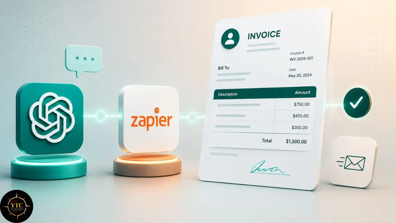 Illustration of automated invoice creation featuring the ChatGPT and Zapier logos, linked to a digital invoice with a checkmark and email icon.