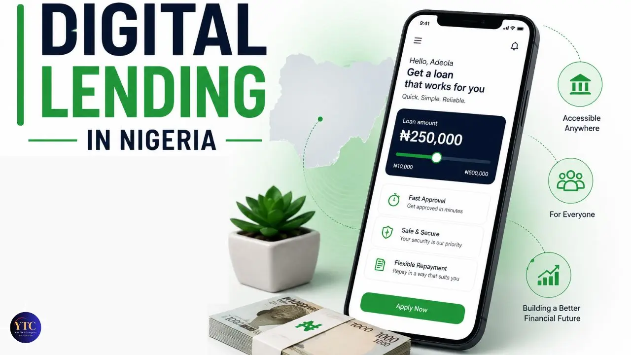 Digital lending in Nigeria advertisement with smartphone displaying a loan app interface, featuring a loan amount of ₦250,000. Beside it, there's a stack of Nigerian naira notes and a small potted plant. Icons symbolise accessibility, inclusivity, and financial improvement. A map of Nigeria is in the background.