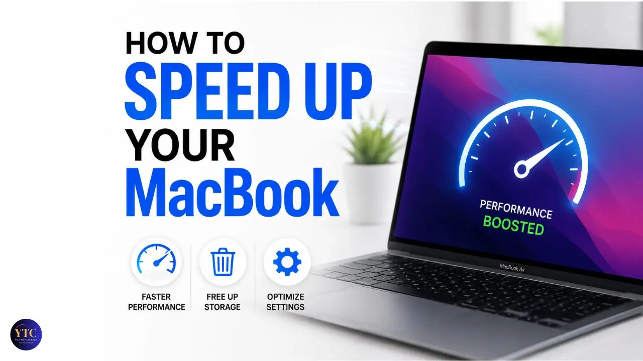 Image showing a MacBook with a speedometer graphic labeled 'Performance Boosted.' Text reads 'How to Speed Up Your MacBook' with icons for 'Faster Performance,' 'Free Up Storage,' and 'Optimize Settings' below. A plant is blurred in the background, conveying a modern and efficient theme.