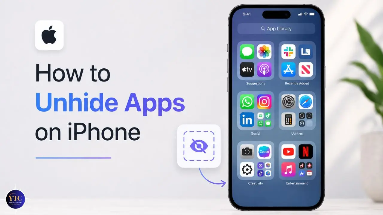Apple-specific design with text 'How to Unhide Apps on iPhone' next to an iPhone displaying the App Library. A plant is in the background, conveying a clean, tech-focused vibe.