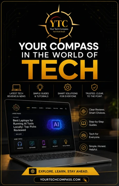 An advert for Your Tech Compass website with the words, "Your Compass In The World of Tech." It's a modern design.