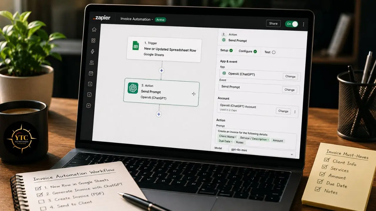Laptop displaying a Zapier workflow automating invoice generation using Google Sheets and OpenAI ChatGPT, situated next to a notepad listing workflow steps and a sticky note detailing invoice requirements.