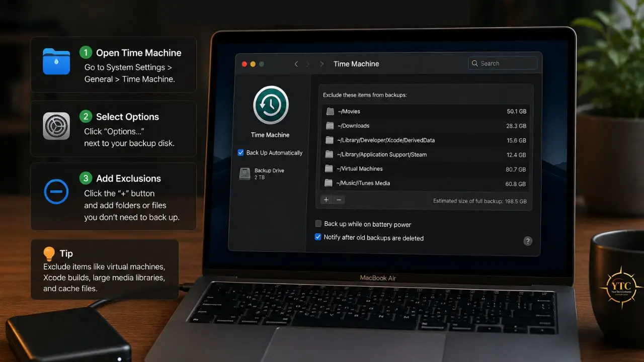MacBook Air screen displaying the macOS Time Machine settings panel with a list of excluded backup items, alongside on-screen instructions for adding exclusions.