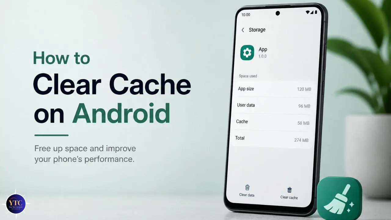 Smartphone showing an app's storage settings with cache details. Text beside it reads, "How to Clear Cache on Android." Background is minimalistic, with a plant.
