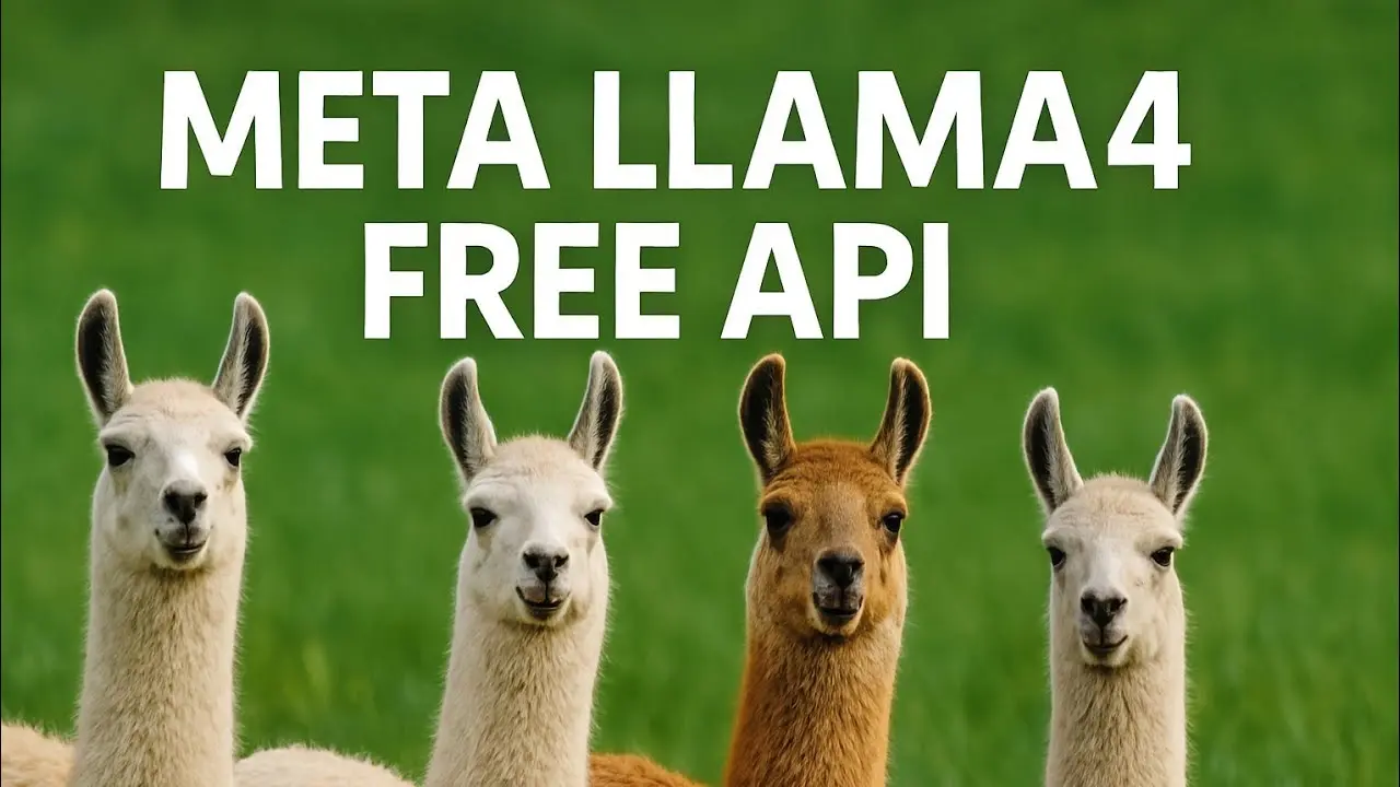 Four llamas stand in a green field under bold white text reading "META LLAMA4 FREE API." The mood is light-hearted and whimsical.