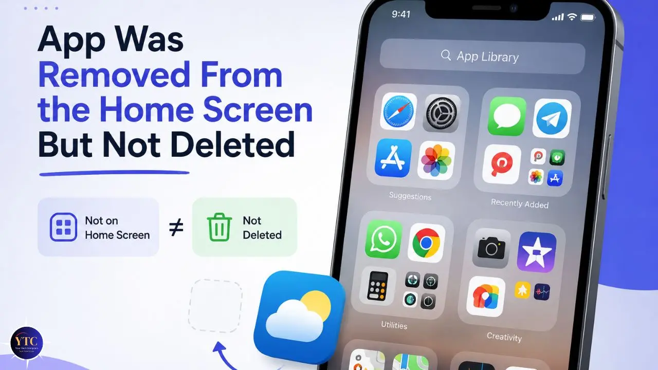 Visual showing an iPhone with app library open, illustrating that an app removed from the home screen is not deleted. Text reads: 'App was removed from the home screen but not deleted.' Icons depict 'Not on Home Screen' and 'Not Deleted' with a cloud app icon nearby.