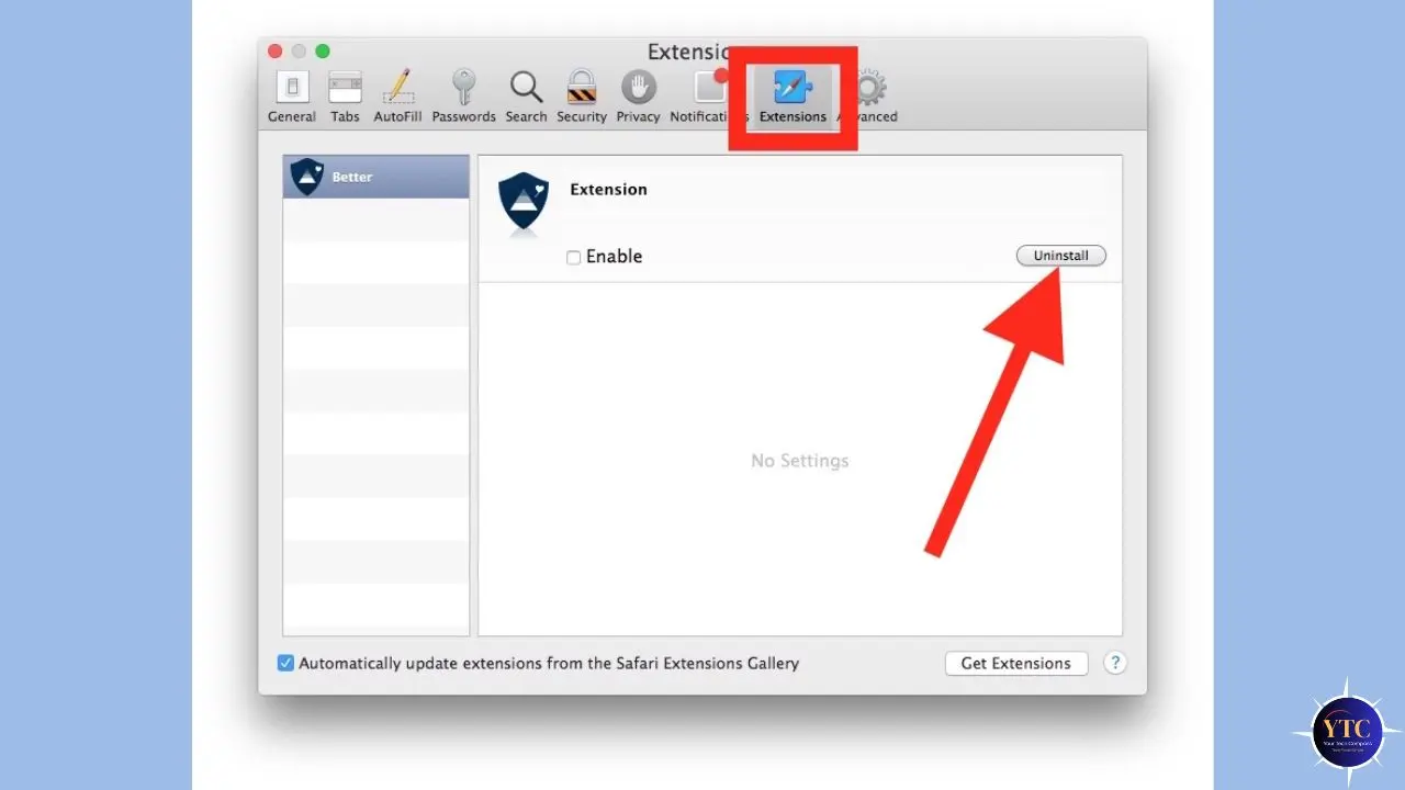 Screenshot of Safari's Extensions settings on a Mac. An "Uninstall" button is highlighted with a red arrow and box. The interface includes options for managing browser extensions.