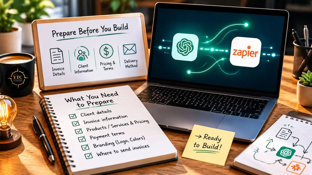 Laptop displays a workflow diagram connecting the ChatGPT and Zapier logos, surrounded by handwritten notes detailing preparation steps for building a system.
