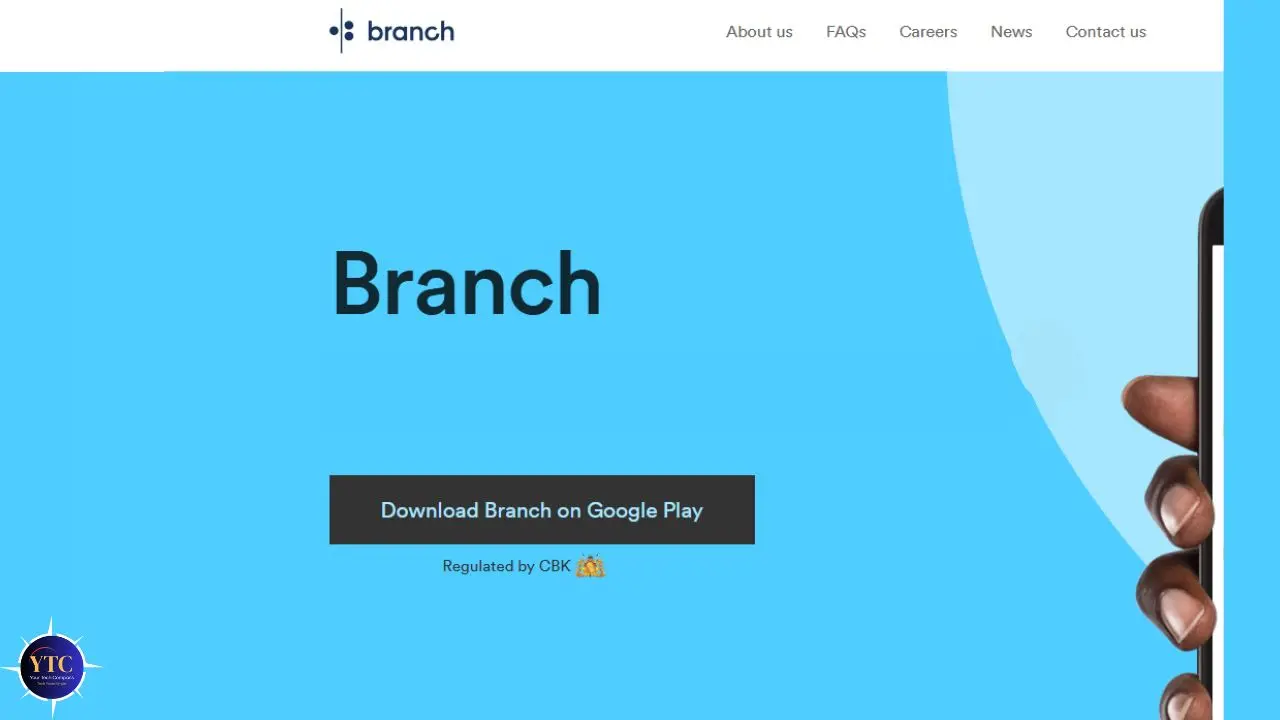 Branch website homepage featuring a blue background with the text 'Branch' and a download button for Google Play. A hand holds a smartphone on the right edge. Navigation links are at the top. The tone is clean and professional.