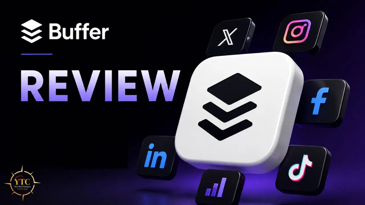 Buffer review graphic with app logo in center, surrounded by icons for X, Instagram, Facebook, LinkedIn, and TikTok on a dark background.