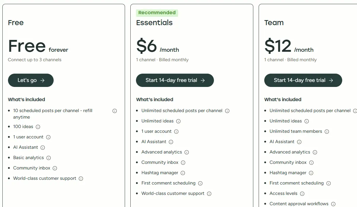 Pricing plans comparison ($6/month), Team ($12/month). Features include scheduled posts, AI assistant, and analytics.
