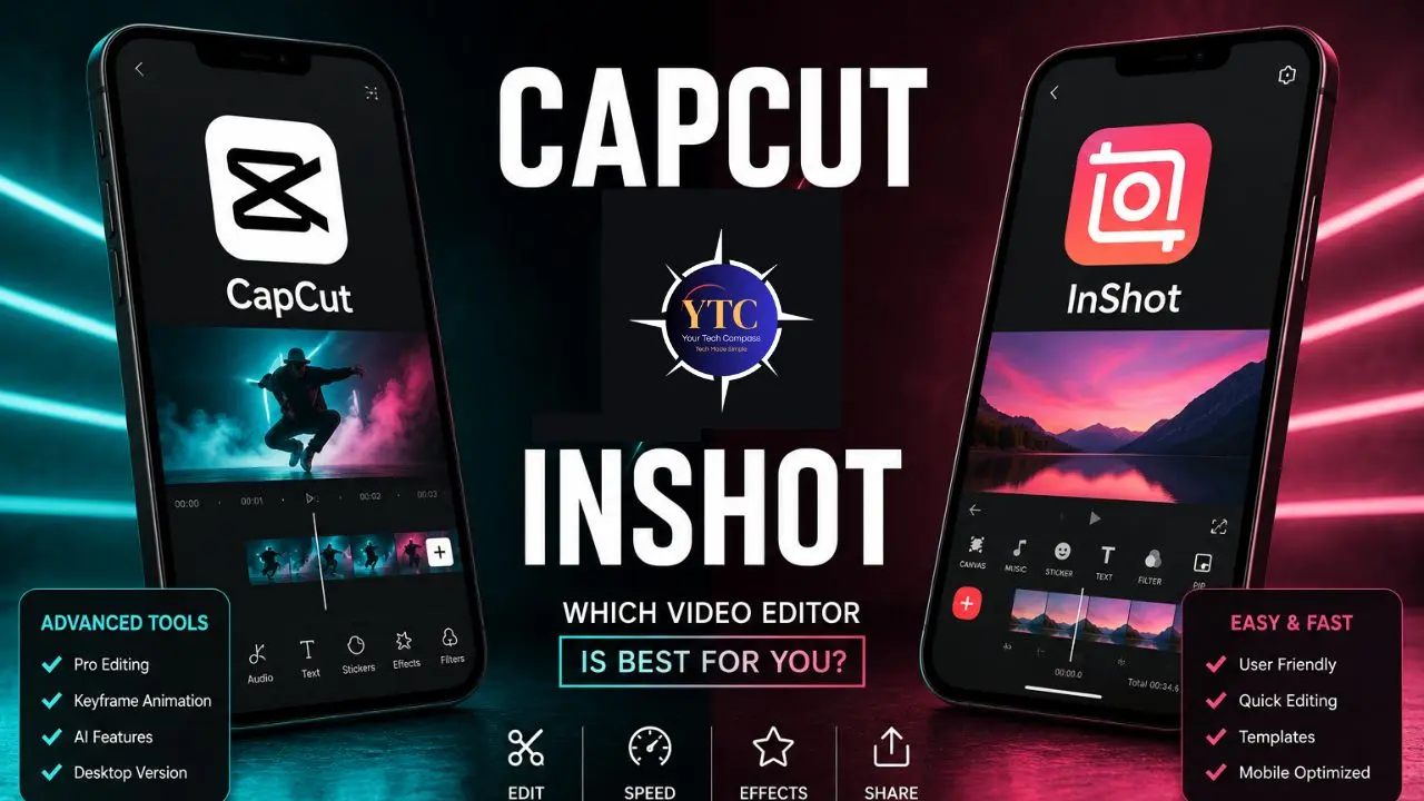Image comparing CapCut and InShot video editors on smartphones. CapCut is highlighted with "Advanced Tools" while InShot emphasizes "Easy & Fast" features.