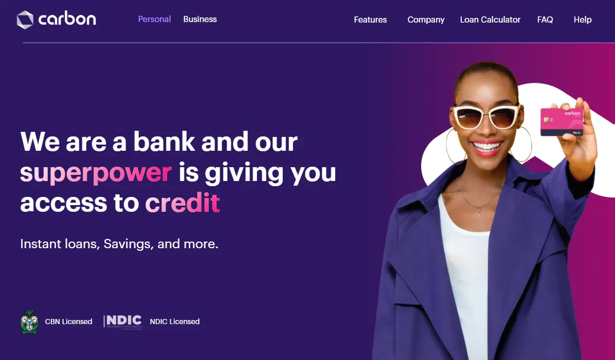 A smiling person in sunglasses holds a credit card against a purple background. Bold text reads, "We are a bank and our superpower is giving you access to credit."