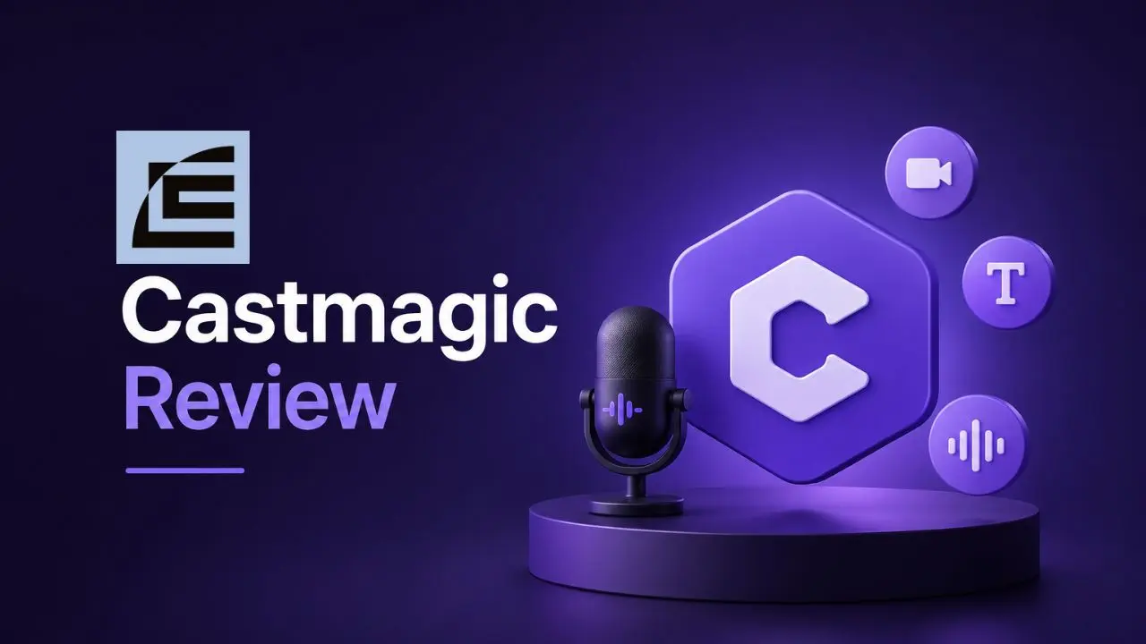 The image features a "Castmagic Review" text on a purple background, alongside icons for video, text, and audio, centered around a digital microphone.