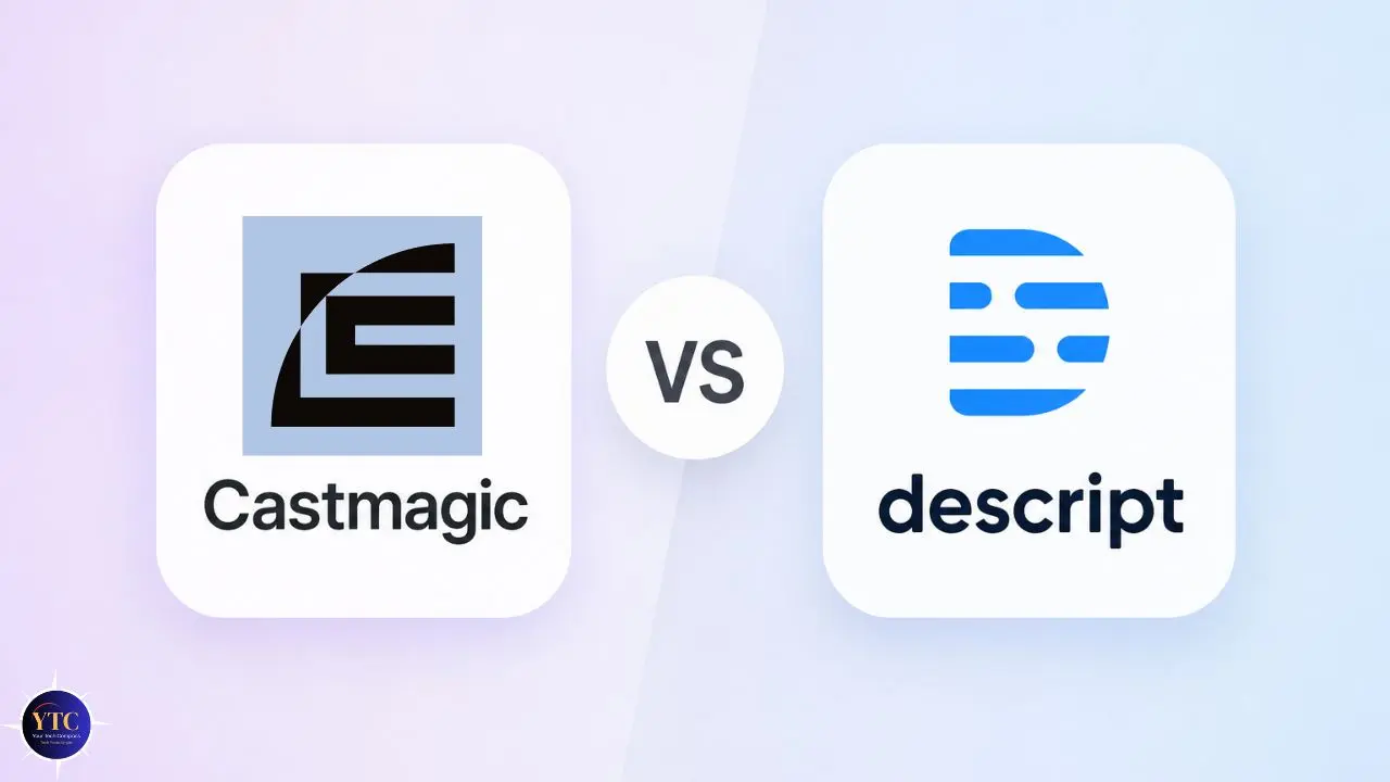 Two app logos side by side on a soft gradient background; Castmagic on the left with a stylized "C" and Descript on the right with a bold "D", separated by "vs".