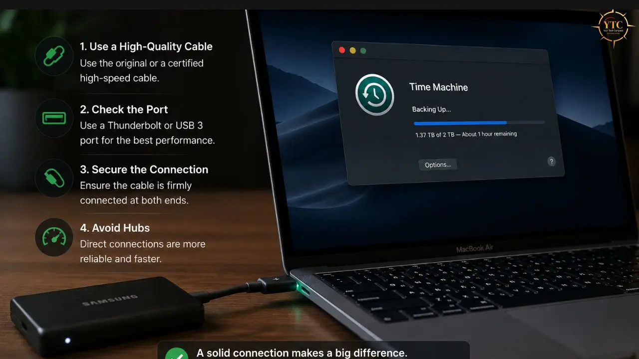 MacBook Air connected to a Samsung external drive showing a Time Machine backup in progress alongside a checklist for secure connection tips.