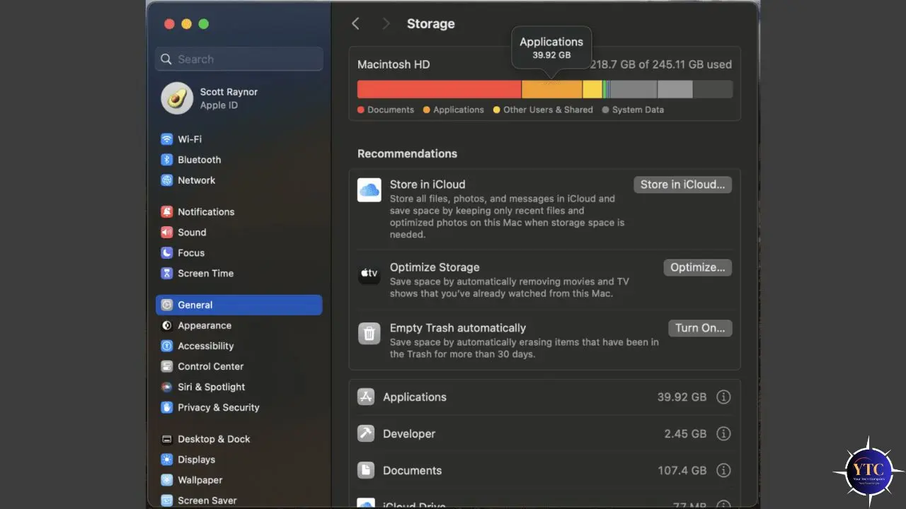 Screenshot of a Mac storage management window. Text shows storage recommendations and usage breakdown, highlighting applications, documents, and system data with colored bars. Sidebar includes options like Wi-Fi and General settings.