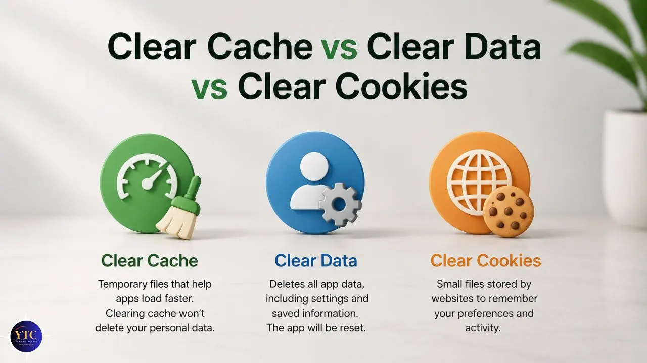 Infographic comparing Clear Cache, Clear Data, and Clear Cookies with icons and descriptions. Green speedometer for cache, blue user icon for data, orange globe for cookies. Background includes a plant, creating a calm, informative tone.