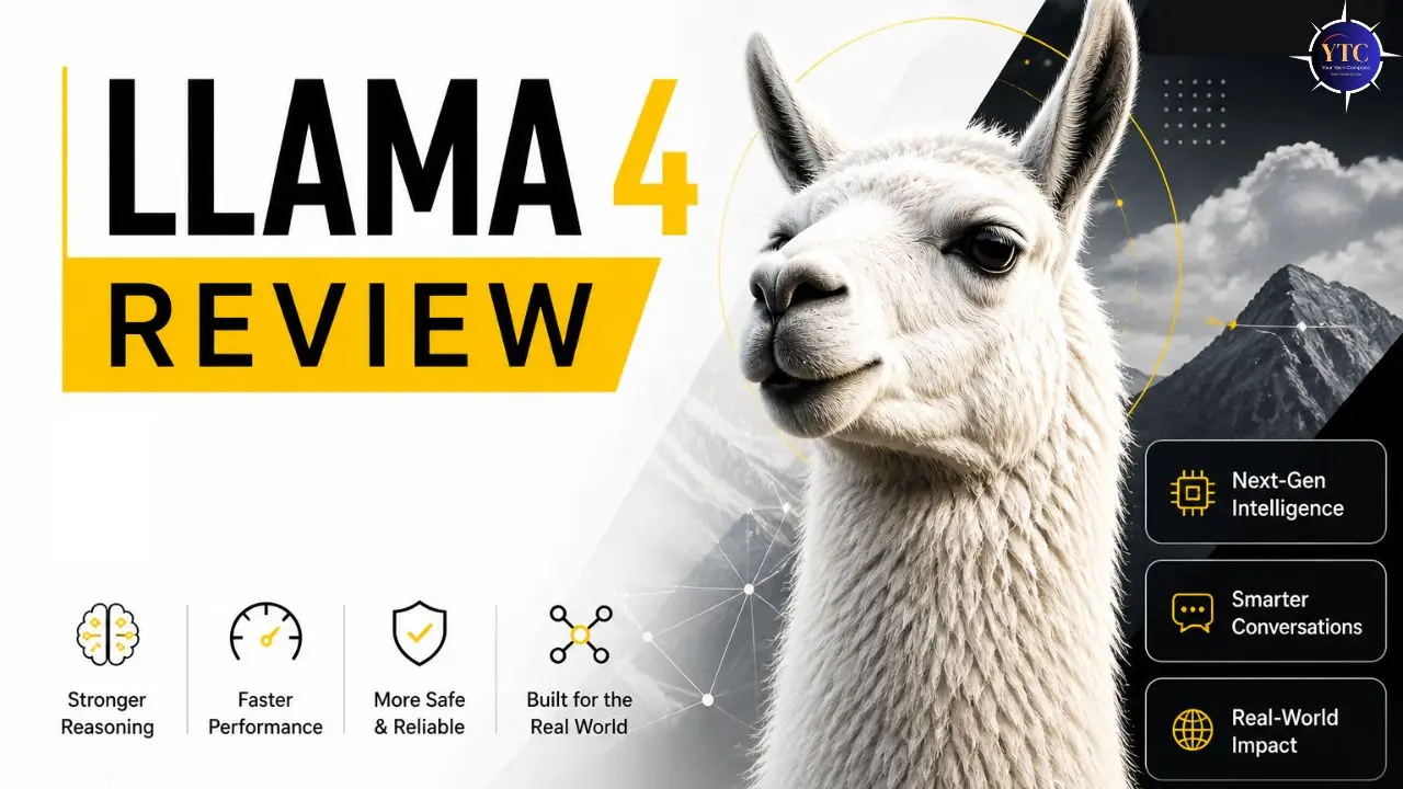 Llama 4 Review banner featuring a close-up of a llama against a geometric mountain backdrop. Keywords include: stronger reasoning, faster performance, more safe & reliable, and real-world impact. Icons and phrases highlight next-gen intelligence and smarter conversations.
