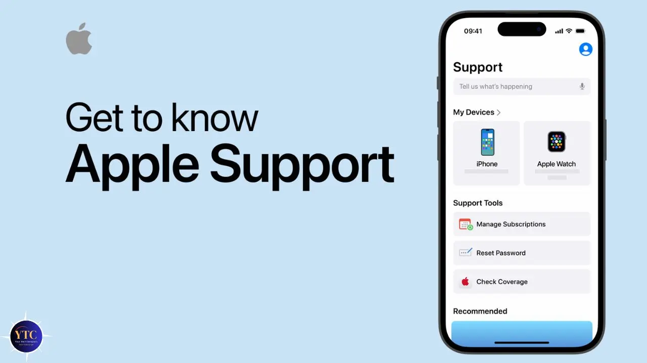 Apple Support promotional image. Shows an iPhone screen displaying support tools for iPhone and Apple Watch. Text: 'Get to know Apple Support.'