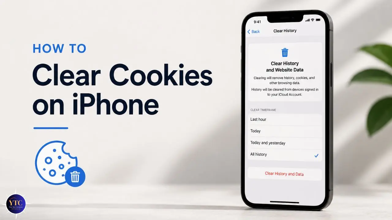 Image showing an iPhone screen with options for clearing history and website data. Text reads, 'How to Clear Cookies on iPhone.' A cookie icon with a trash bin is displayed on the left. The tone is instructional.