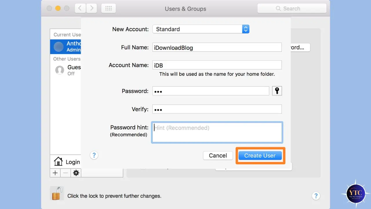 The image shows a user account creation window on a Mac, with fields for new account, full name, account name, and password, featuring a "Create User" button.